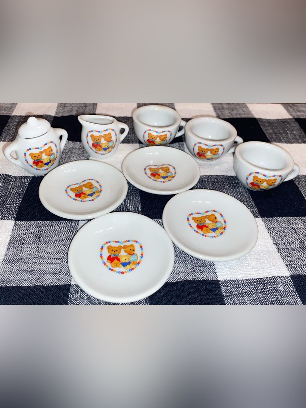 VINTAGE DOLL TEA SET Porcelain Dishes 4 Plates 3 Cups Sugar/Creamer Set 9 PC Set